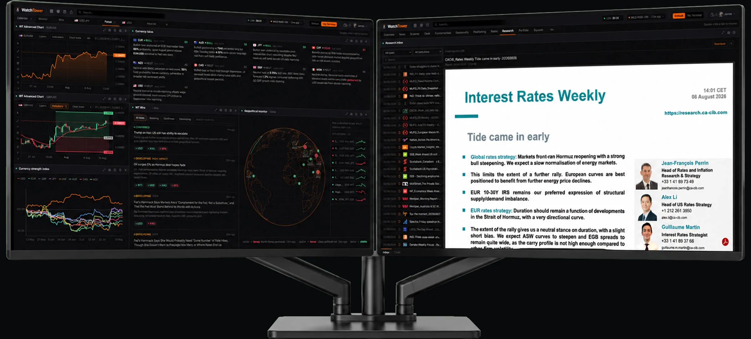 Two monitors running WatchTower Terminal