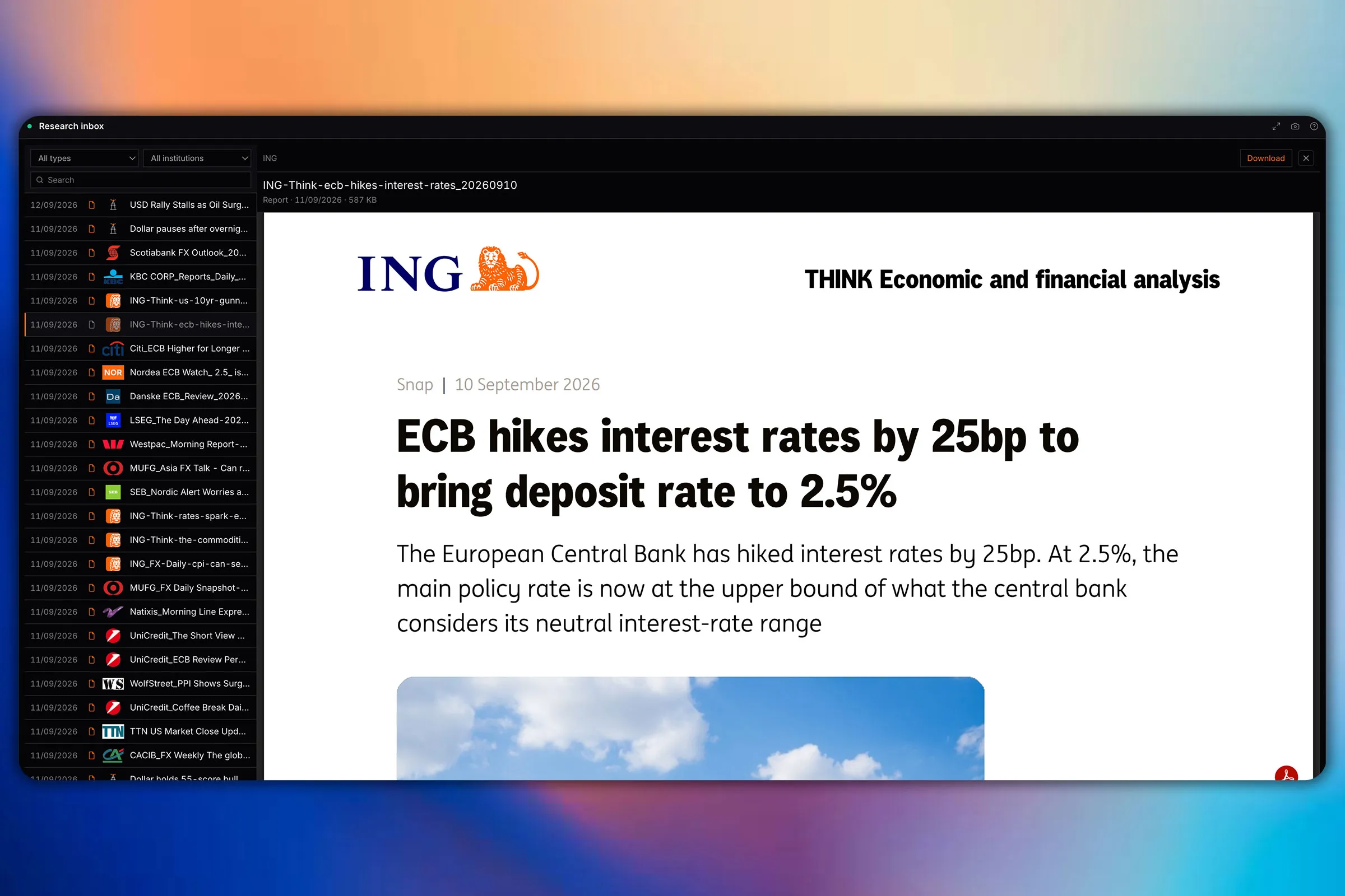The research inbox with a bank report open, reduced to its thesis, direction, conviction, target and horizon, stacked against other desks covering the same market