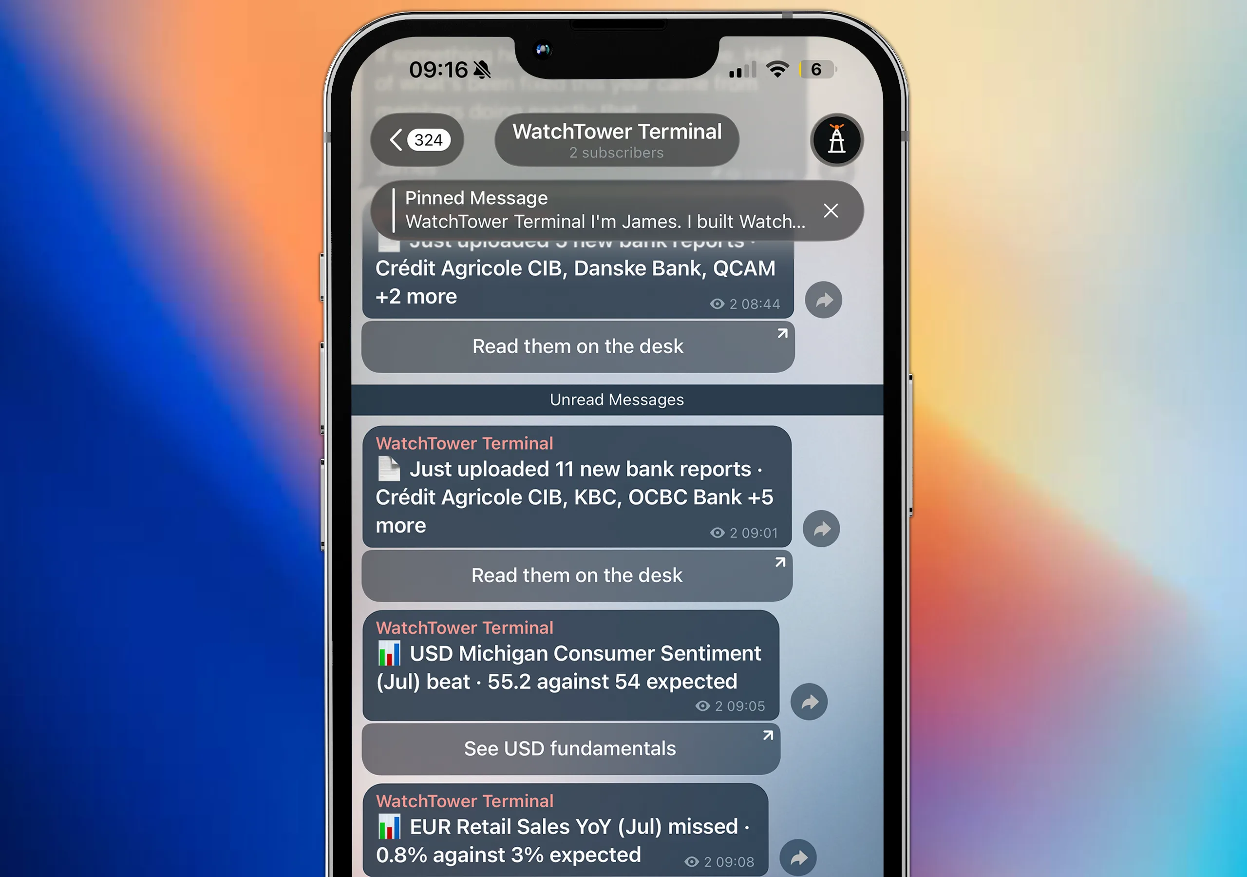 A phone showing the WatchTower Terminal Telegram channel, with alerts for a EUR retail sales miss, a GBP score flip and newly uploaded bank research, each with a button opening the terminal