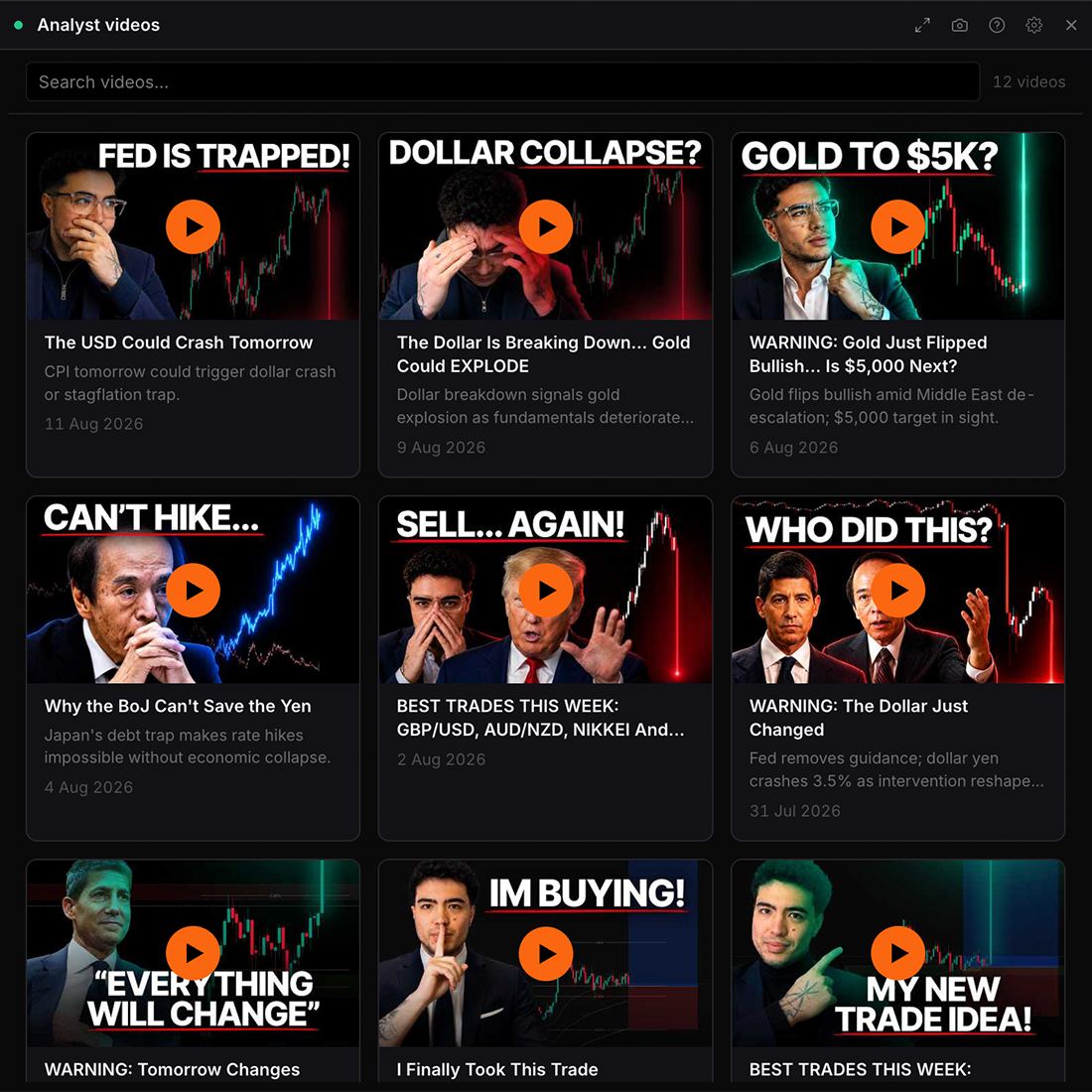 The Analyst videos widget in WatchTower Terminal