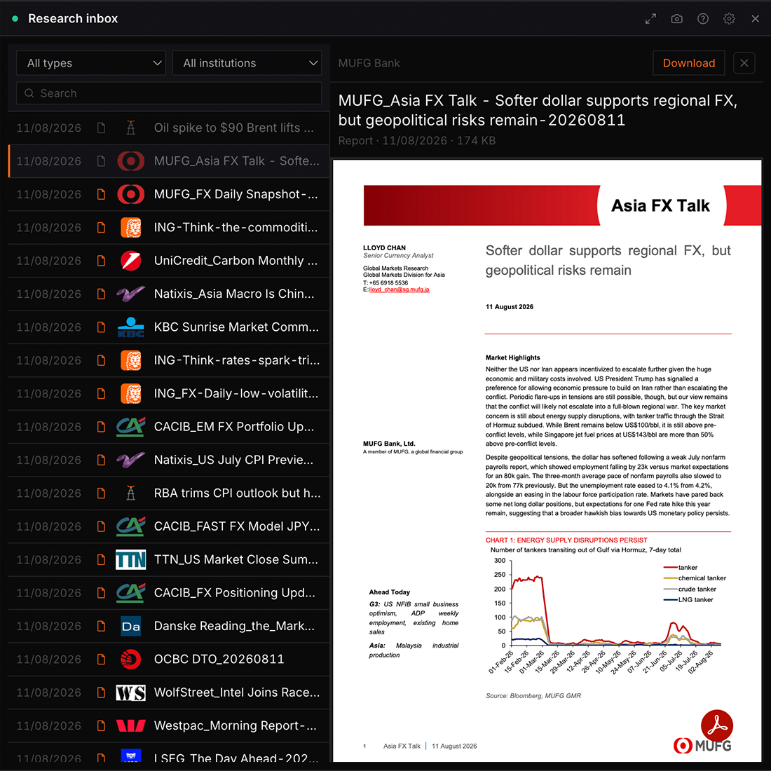 The Research inbox widget in WatchTower Terminal