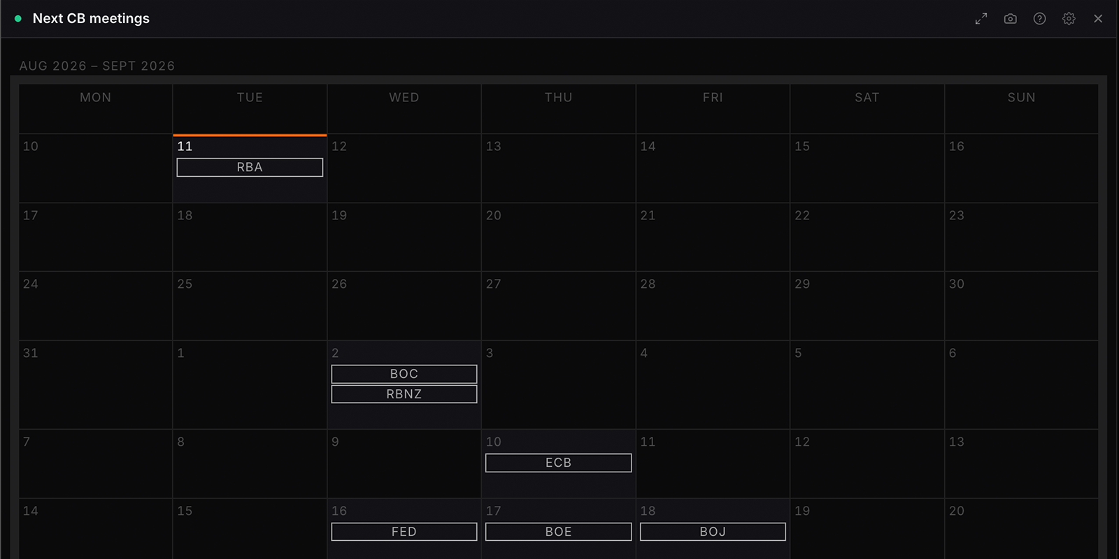 The Next CB meetings widget in WatchTower Terminal