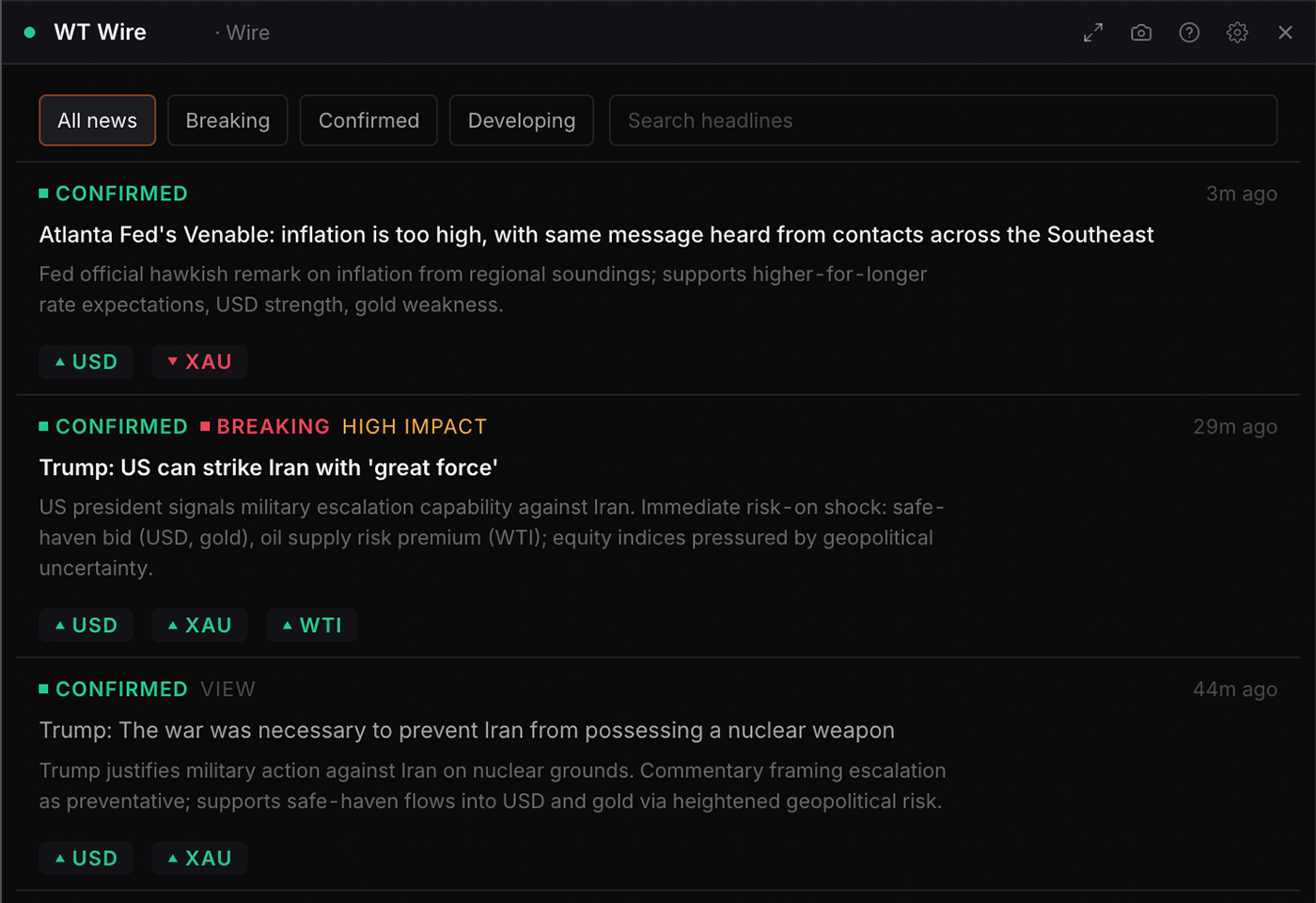 The WT Wire widget in WatchTower Terminal