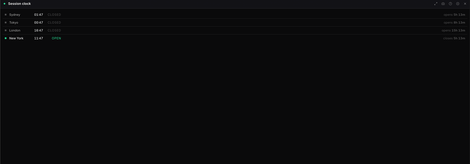 The Session clock widget in WatchTower Terminal
